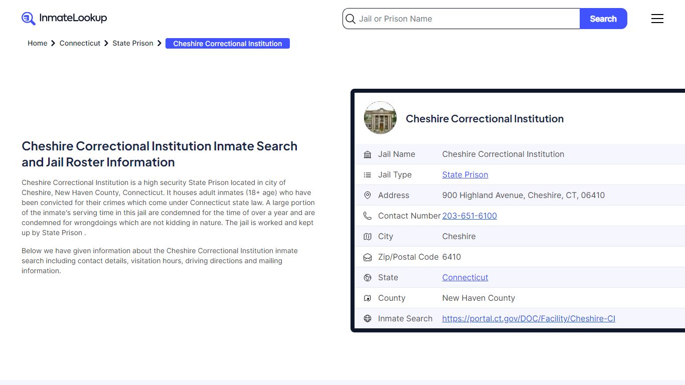 Cheshire Correctional Institution Inmate Search, Jail Roster, Bookings ...